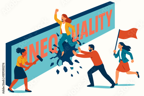 People breaking through a large sign that says inequality