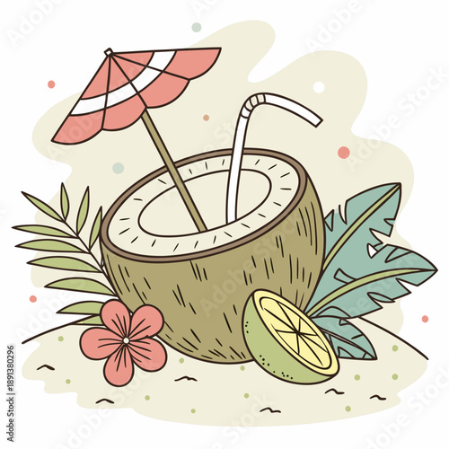 Tropical coconut drink vector set featuring fresh coconut water cocktails with straws umbrellas starfruit and orange slices isolated on white.