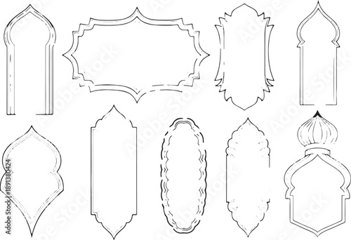 Set of black linear arch and window frames. oriental traditional arabic pattern vector illustration