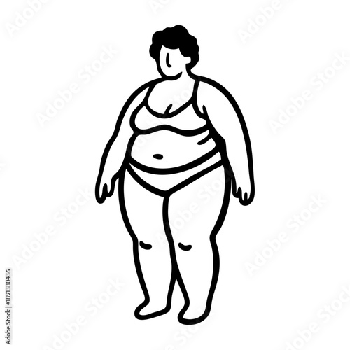 Dibujo sencillo con líneas de mujer con traje de baño o ropa interior con sobrepeso de pie	