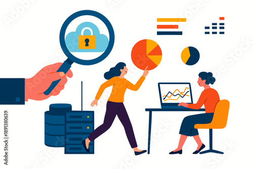 A businesswoman analyzes data with a colleague in a modern office setting.