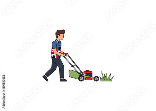 Dynamic vector illustration depicting an individual actively engaged in routine lawn mowing, symbolizing home maintenance and the upkeep of green spaces with dedicated effort