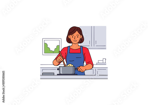 Young woman happily cooking a healthy meal in a modern kitchen, stirring ingredients in a pot on the stove, embodying home food preparation and culinary hobby