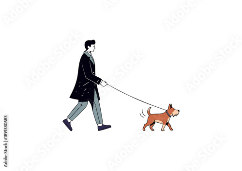 A serene moment captured as a stylish person enjoys a leisurely stroll, walking their small, cheerful canine companion on a sunny day