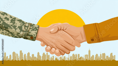 Illustration of two hands shaking (one military, one civilian) against a backdrop of a sunrise over a city, V-E Day reconciliation concept, inspiring and clean design, with copy sp