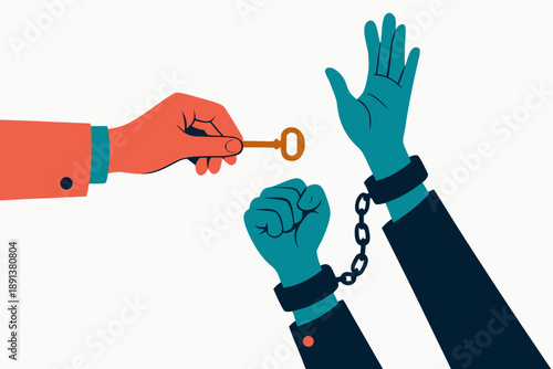 An illustration of freedom and empowerment with a hand offering a key to unlock shackles