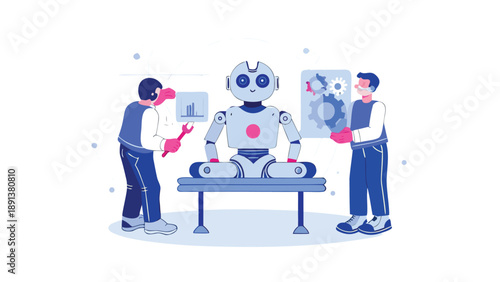 Robot on table with two technicians in lab setting with blue tones and white background