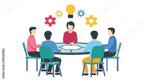 A diverse team of five adults engaged in a meeting around a table with a lightbulb and gear icons symbolizing collaboration and innovation