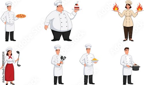 Professional chefs cooking and serving food collection with male and female kitchen staff vector illustration