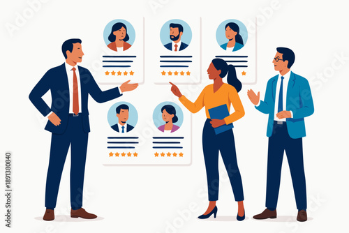 A vector graphic illustration of business professionals discussing employee profiles