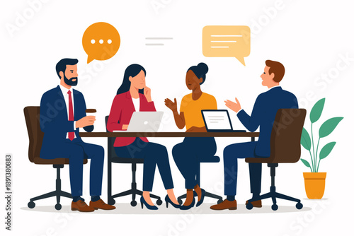 A diverse group of business professionals engaged in a meeting discussion