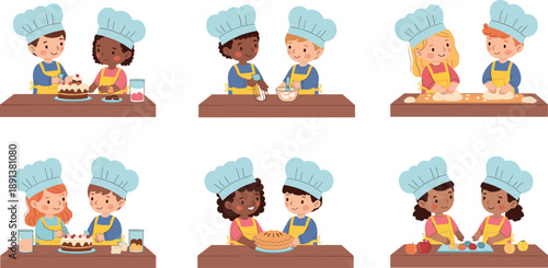 Kids baking together cartoon characters cooking cakes bread and desserts in kitchen vector illustration set