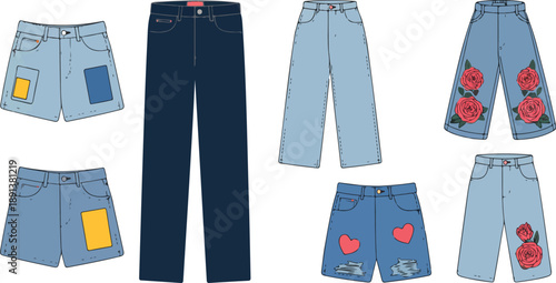 Denim Jeans and Shorts Vector Set – Trendy Casual Pants with Embroidered Patches