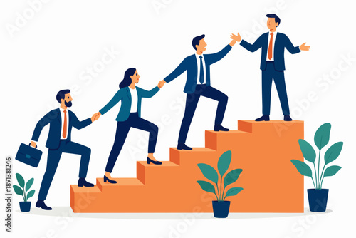 A group of businesspeople helping each other climb a staircase to success