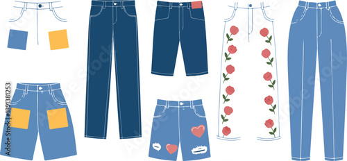 Denim Jeans and Shorts Vector Set – Trendy Casual Pants with Embroidered Patches