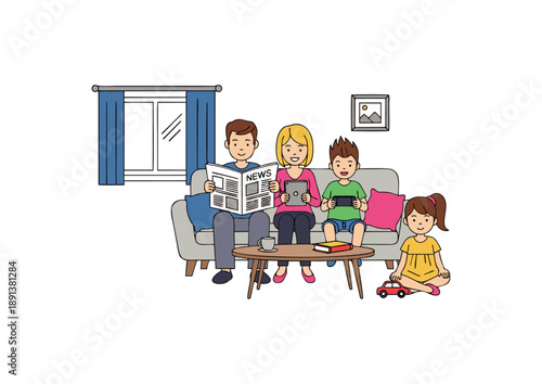 Modern family relaxing in their living room. Parents read and use tablets, children play, illustrating diverse home leisure and contemporary domestic life