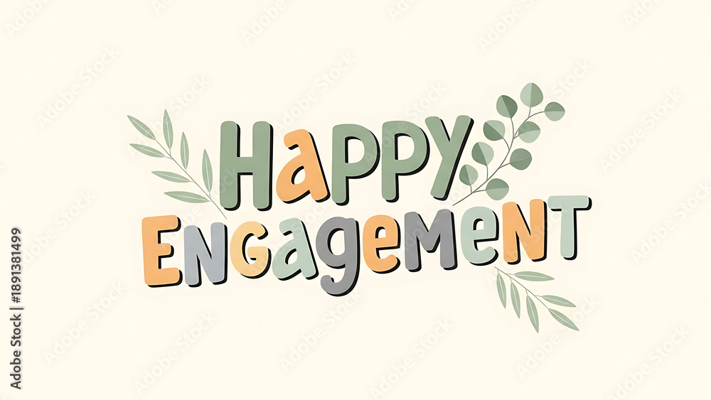 Fototapeta premium Whimsical illustration of happy engagement with floral elements and playful typography