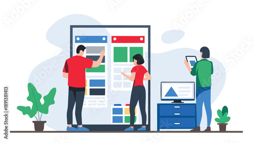 Flat design illustration of people designing a mobile app interface with a large smartphone screen