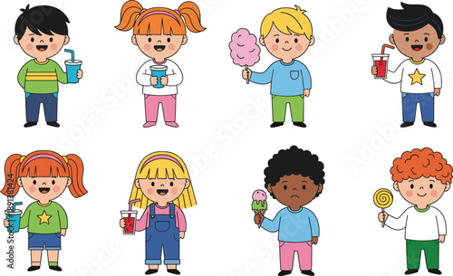 Wallpaper Mural Cute kids enjoying drinks and sweets cartoon characters collection with ice cream and juice vector illustration Torontodigital.ca