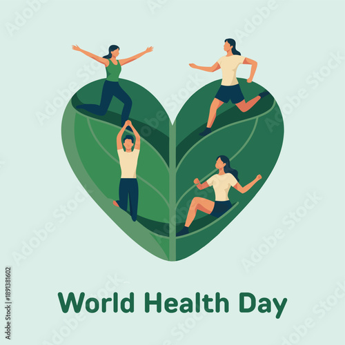Illustration depicts people exercising within a heart shaped leaf promoting world health day awareness