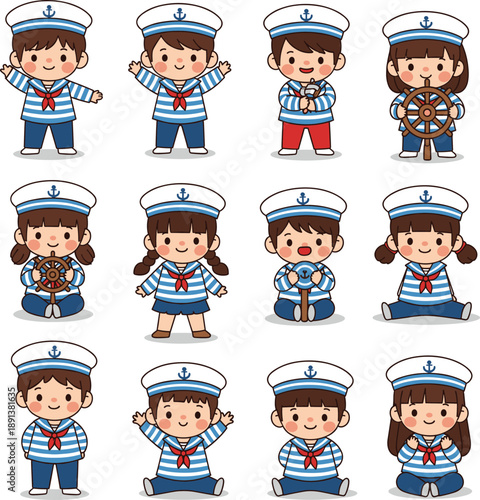 Cute sailor kids cartoon characters collection with nautical outfits poses and marine activities vector illustration