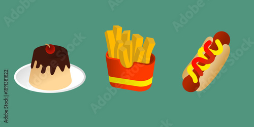 pack of dessert . contains fried potatoes, hotdog, chocolatte pudding