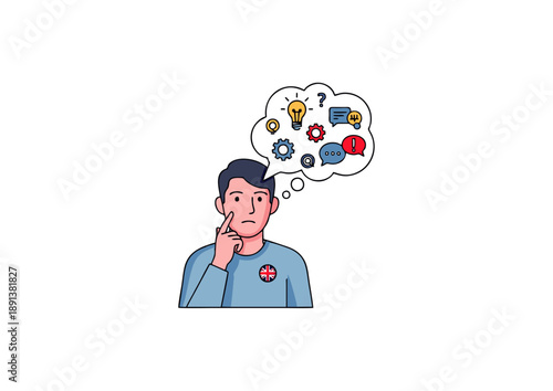 A person in deep thought, contemplating ideas and solutions, with a thought bubble filled with icons representing creativity and problem-solving