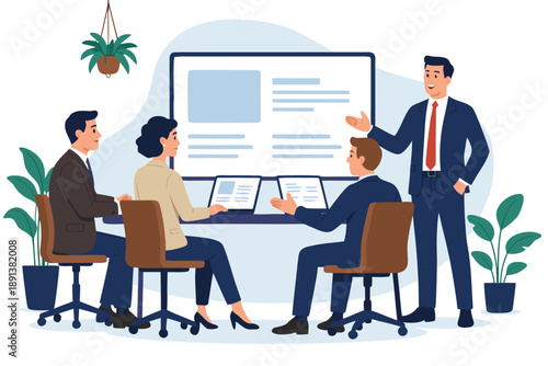 A group of business professionals engaged in a meeting with a presentation