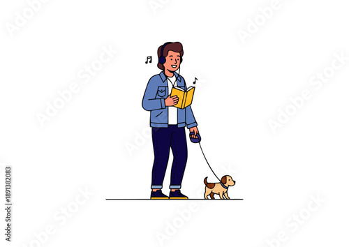 Joyful man strolling with his small dog on a leash, immersed in music through headphones and singing along, celebrating a relaxing and melodic outdoor walk