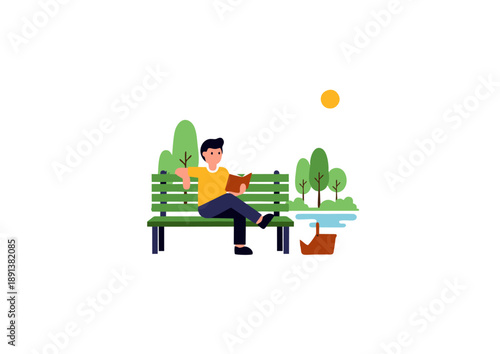 A man sits on a park bench reading a book enjoying the sunny outdoors with trees and a pond nearby