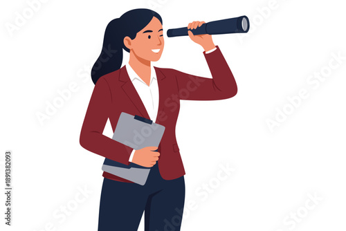 A businesswoman looks through a telescope while holding documents and wearing a red blazer