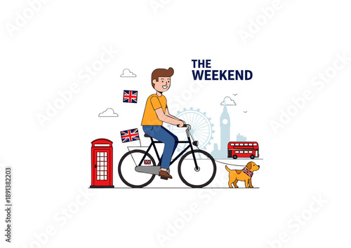 Man riding a bicycle with his dog in London with iconic landmarks like the red telephone booth and double-decker bus, celebrating the weekend
