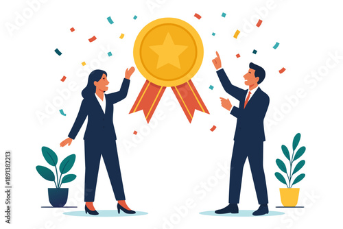 A vector graphic illustration of a man and woman in business attire celebrating with a large gold award ribbon