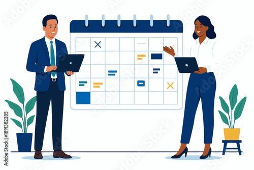 A diverse business team planning with a calendar and laptops in a modern office setting