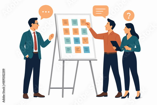 A group of business professionals discussing ideas on a whiteboard