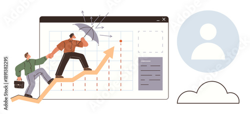 Business strategy, teamwork, risk management, financial growth, data analysis, progress tracking. Two individuals climbing an upward arrow with data charts visible. Business strategy and teamwork