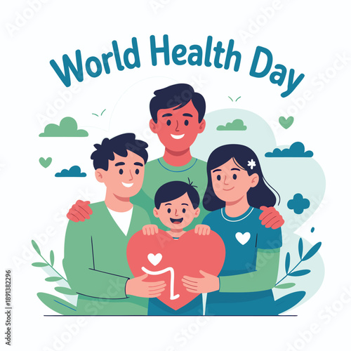 A cheerful family embraces a red heart celebrating world health day with a positive message