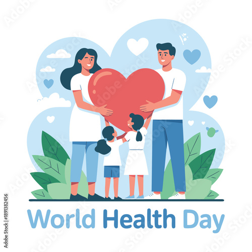 A happy family embraces a large red heart symbolizing love and well being for world health