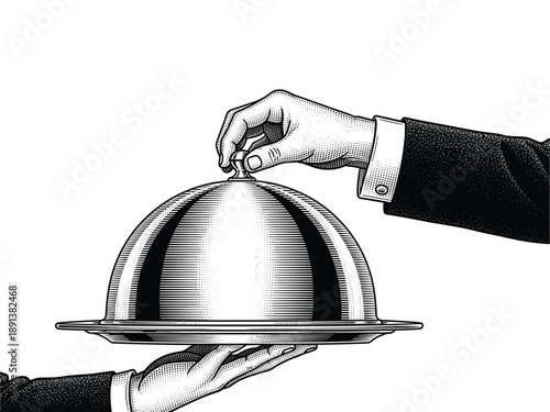 Vintage waiter serving food under cloche vector illustration