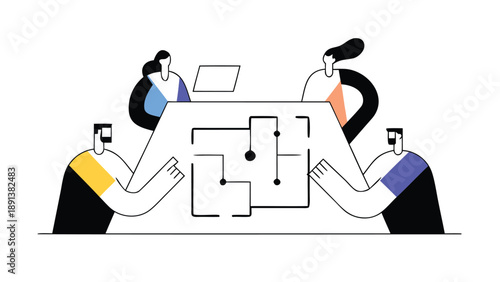 Flat illustration of four people in a strategic planning session around a table with a flowchart