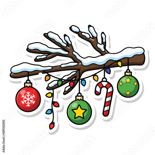 Christmas Ornaments and Candy Canes on Branch.