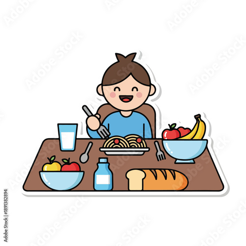 Cartoon Child Eating Breakfast Meal.