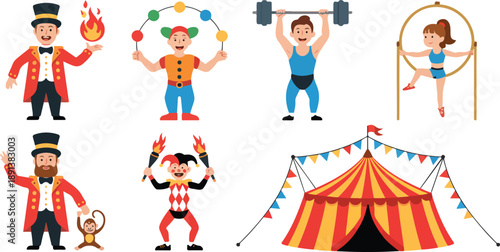 Circus Performers Vector Set – Clown, Strongman, Magician, and Acrobat Characters