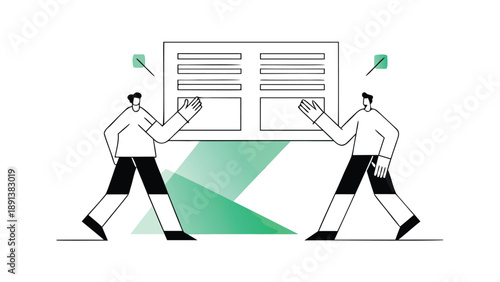 Two coworkers walking side by side carrying large document in modern flat illustration style with green accents