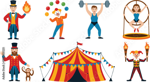 Circus Performers Vector Set – Clown, Strongman, Magician, and Acrobat Characters