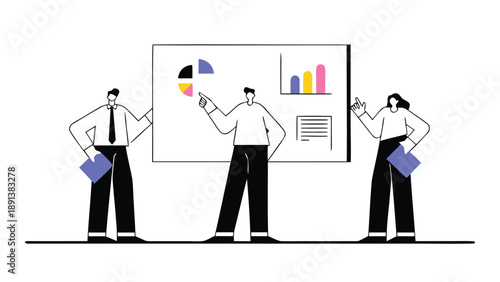 Three office professionals analyzing business charts and graphs on a whiteboard in a meeting