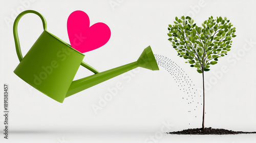 Illustration of a watering can watering a heart-shaped plant, Mother's Day growth concept, nurturing love