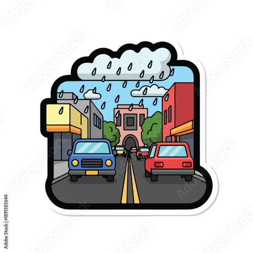 Cartoon City Street with Cars and Buildings.