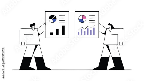 Two colleagues analyzing data on charts and graphs in a meeting explaining statistics and trends