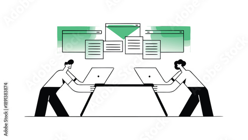 Two business managers collaborating over laptops with green workflow diagrams in background